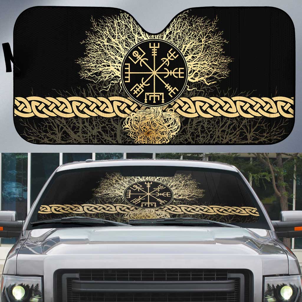 Vegvisir Compass Viking Auto Sun Shade with Yggdrasil Tree and Axe Symbols Norse Mythology Tribute - Wonder Print Shop
