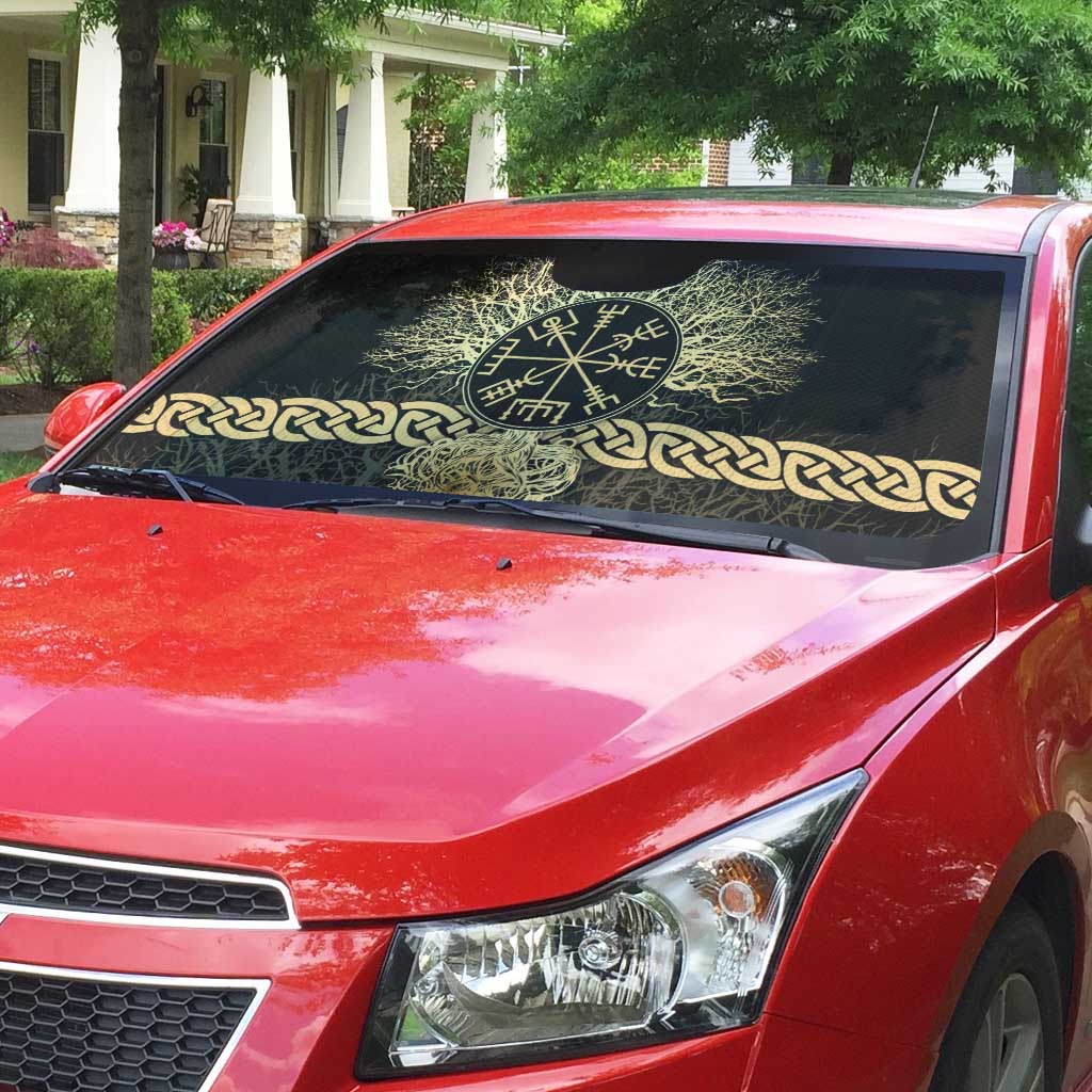 Vegvisir Compass Viking Auto Sun Shade with Yggdrasil Tree and Axe Symbols Norse Mythology Tribute - Wonder Print Shop