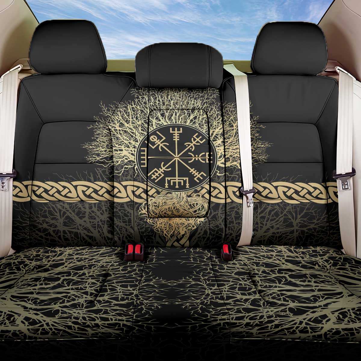 Vegvisir Compass Viking Back Car Seat Cover with Yggdrasil Tree and Axe Symbols Norse Mythology Tribute - Wonder Print Shop