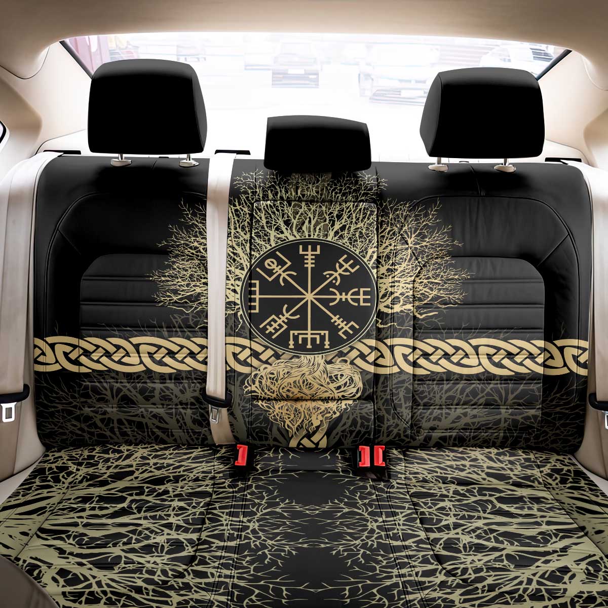 Vegvisir Compass Viking Back Car Seat Cover with Yggdrasil Tree and Axe Symbols Norse Mythology Tribute - Wonder Print Shop
