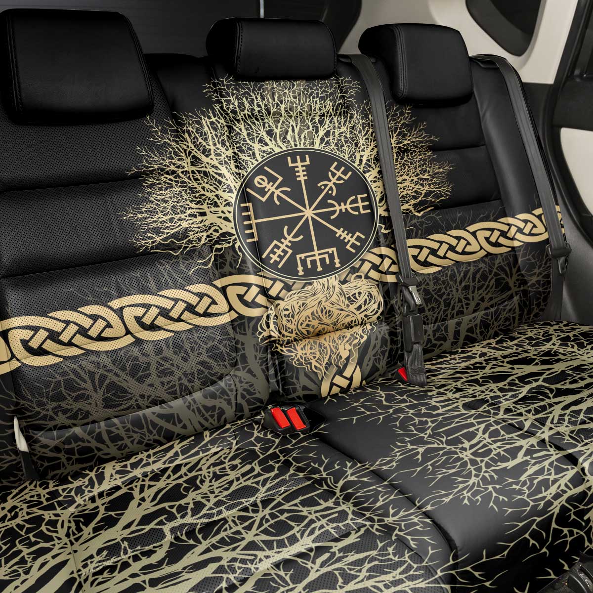 Vegvisir Compass Viking Back Car Seat Cover with Yggdrasil Tree and Axe Symbols Norse Mythology Tribute - Wonder Print Shop
