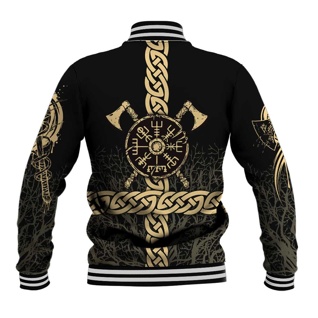 Vegvisir Compass Viking Baseball Jacket with Yggdrasil Tree and Axe Symbols Norse Mythology Tribute - Wonder Print Shop