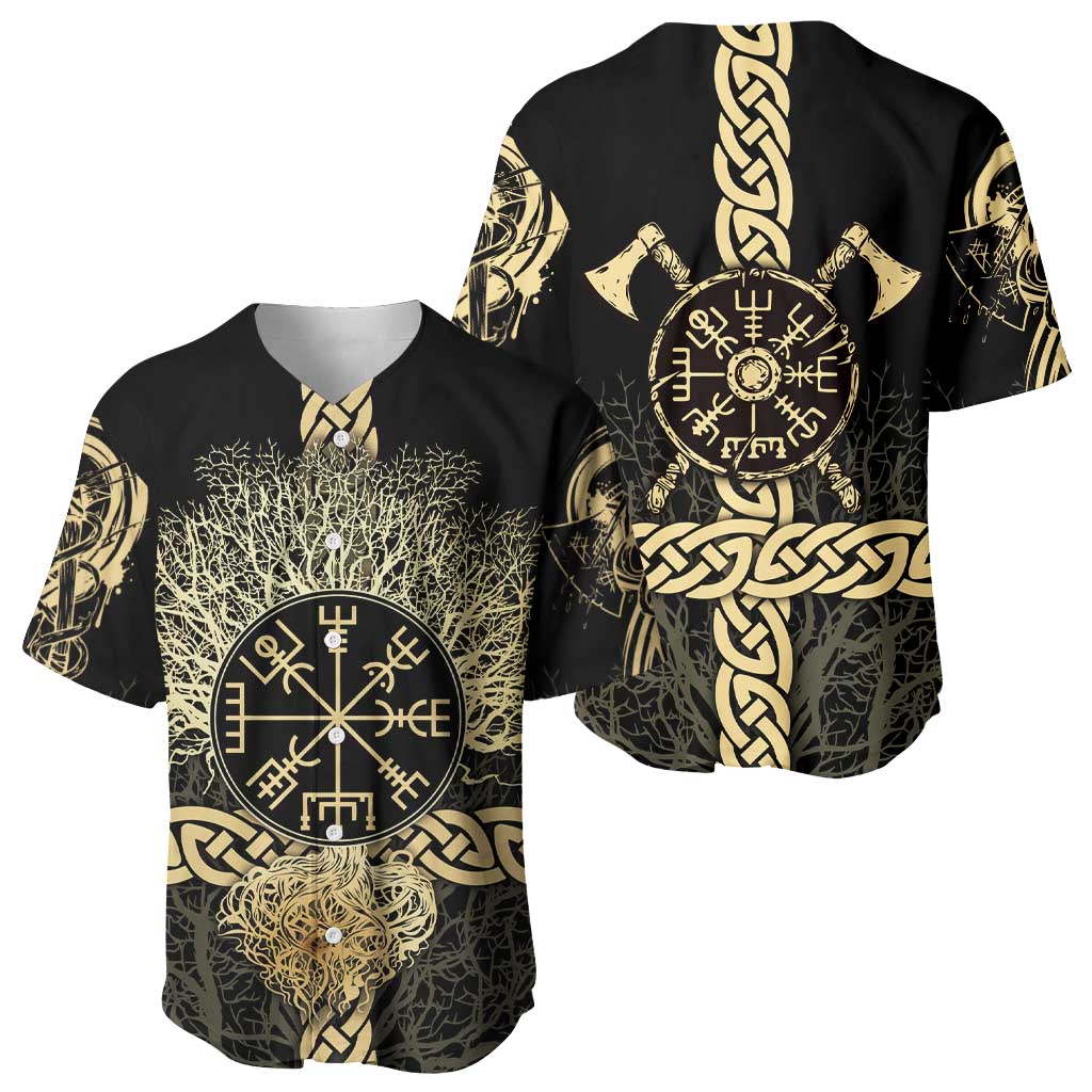 Vegvisir Compass Viking Baseball Jersey with Yggdrasil Tree and Axe Symbols Norse Mythology Tribute - Wonder Print Shop