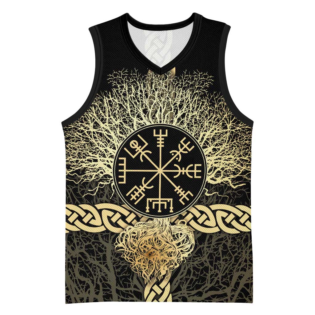 Vegvisir Compass Viking Basketball Jersey with Yggdrasil Tree and Axe Symbols Norse Mythology Tribute - Wonder Print Shop