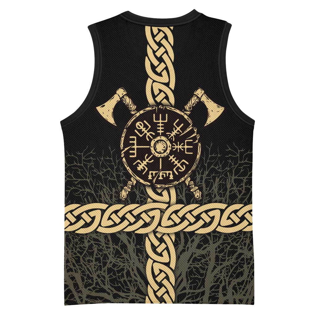 Vegvisir Compass Viking Basketball Jersey with Yggdrasil Tree and Axe Symbols Norse Mythology Tribute - Wonder Print Shop
