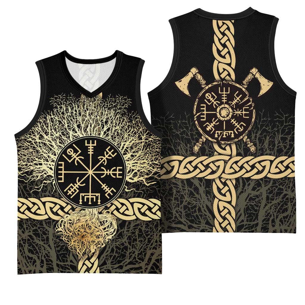 Vegvisir Compass Viking Basketball Jersey with Yggdrasil Tree and Axe Symbols Norse Mythology Tribute - Wonder Print Shop