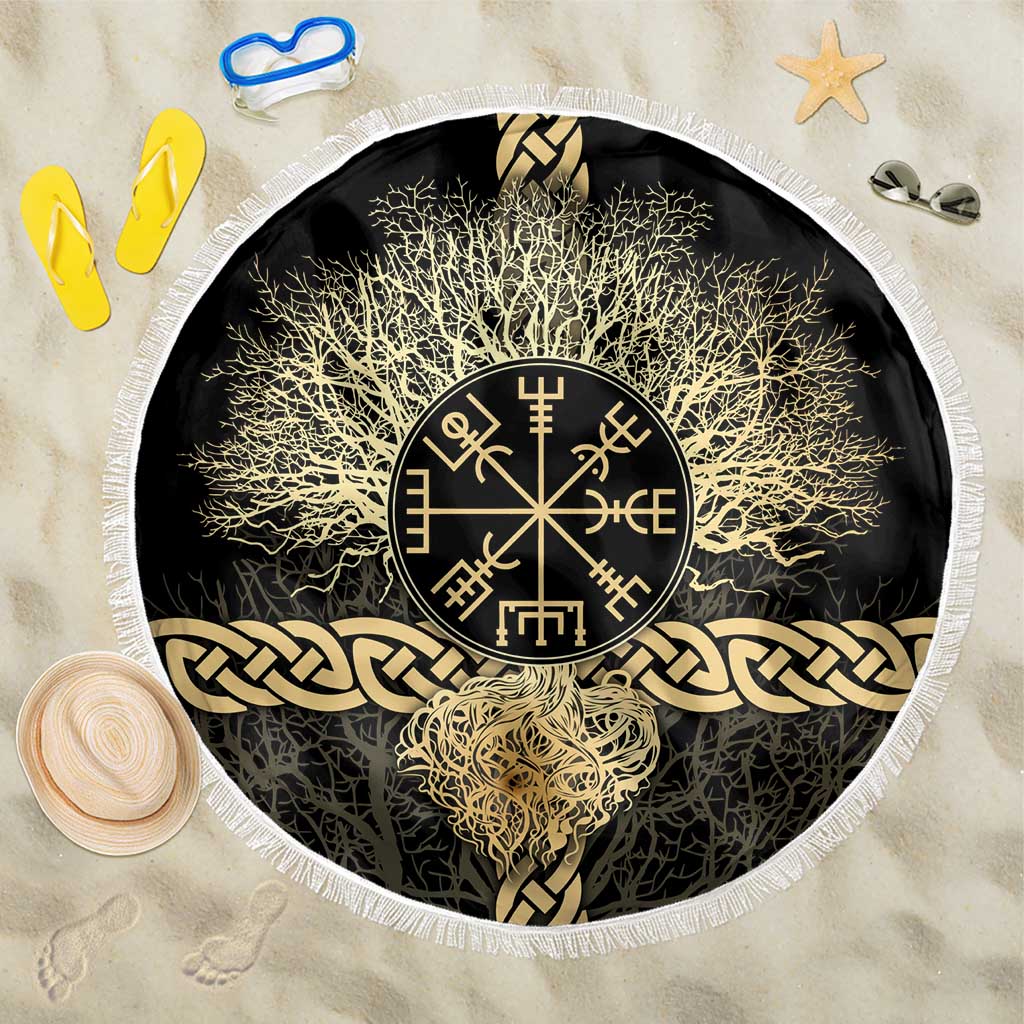 Vegvisir Compass Viking Beach Blanket with Yggdrasil Tree and Axe Symbols Norse Mythology Tribute - Wonder Print Shop