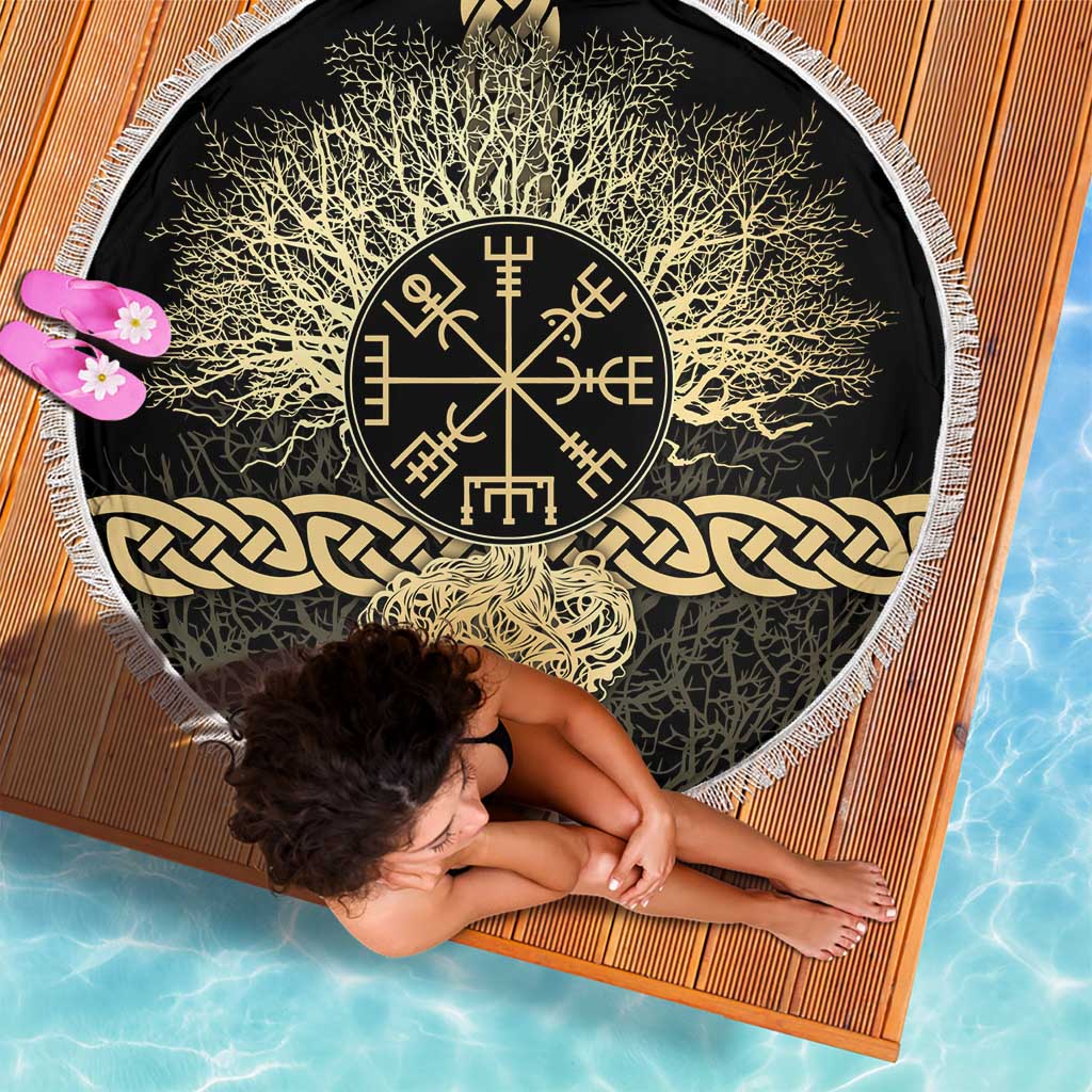 Vegvisir Compass Viking Beach Blanket with Yggdrasil Tree and Axe Symbols Norse Mythology Tribute - Wonder Print Shop