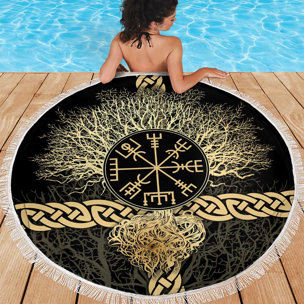 Vegvisir Compass Viking Beach Blanket with Yggdrasil Tree and Axe Symbols Norse Mythology Tribute - Wonder Print Shop