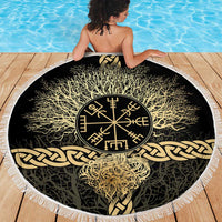 Vegvisir Compass Viking Beach Blanket with Yggdrasil Tree and Axe Symbols Norse Mythology Tribute - Wonder Print Shop