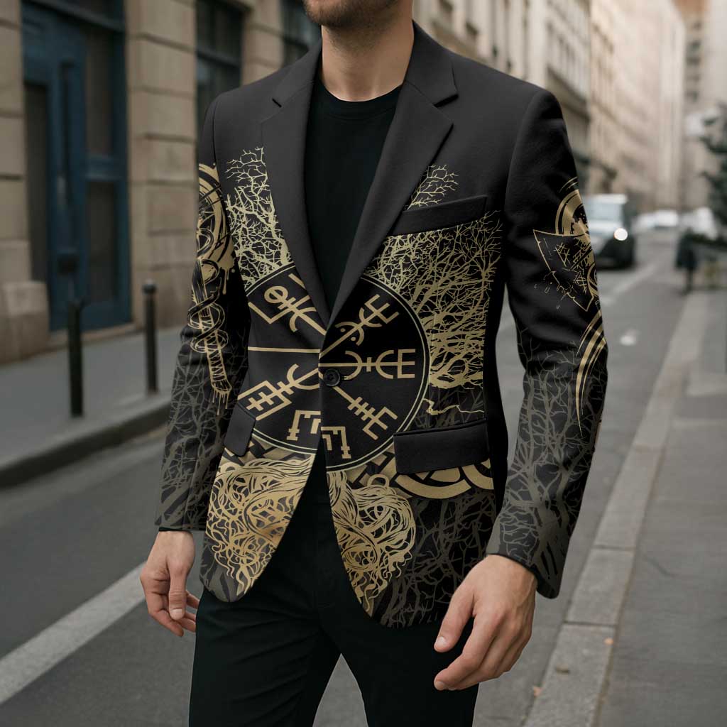 Vegvisir Compass Viking Blazer with Yggdrasil Tree and Axe Symbols Norse Mythology Tribute - Wonder Print Shop