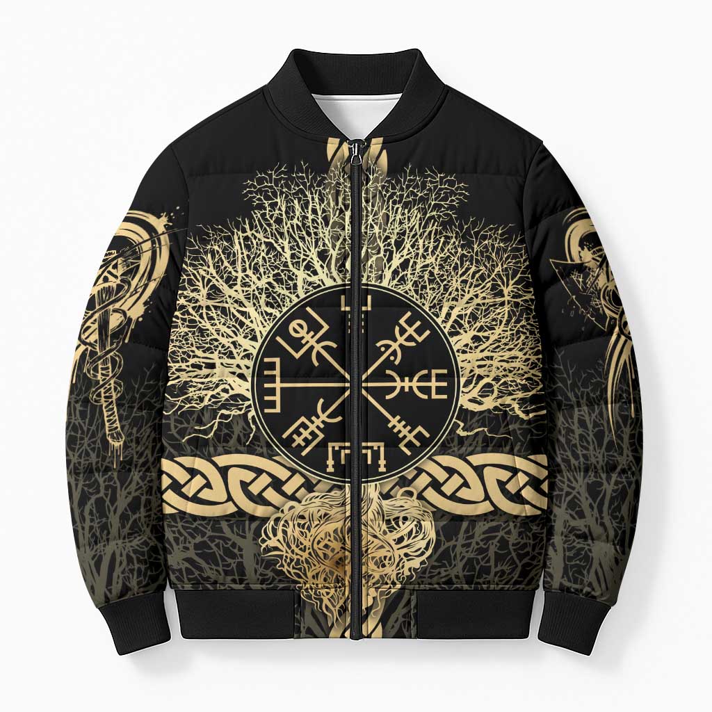 Vegvisir Compass Viking Bomber Puffer Jacket with Yggdrasil Tree and Axe Symbols Norse Mythology Tribute - Wonder Print Shop