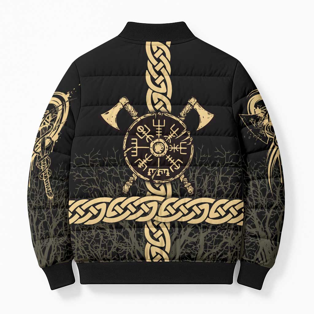Vegvisir Compass Viking Bomber Puffer Jacket with Yggdrasil Tree and Axe Symbols Norse Mythology Tribute - Wonder Print Shop