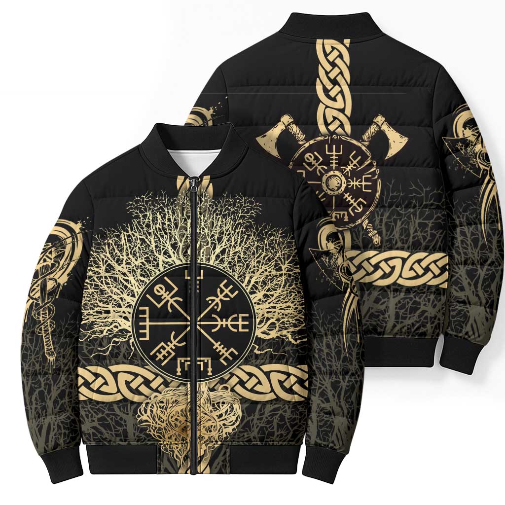 Vegvisir Compass Viking Bomber Puffer Jacket with Yggdrasil Tree and Axe Symbols Norse Mythology Tribute - Wonder Print Shop