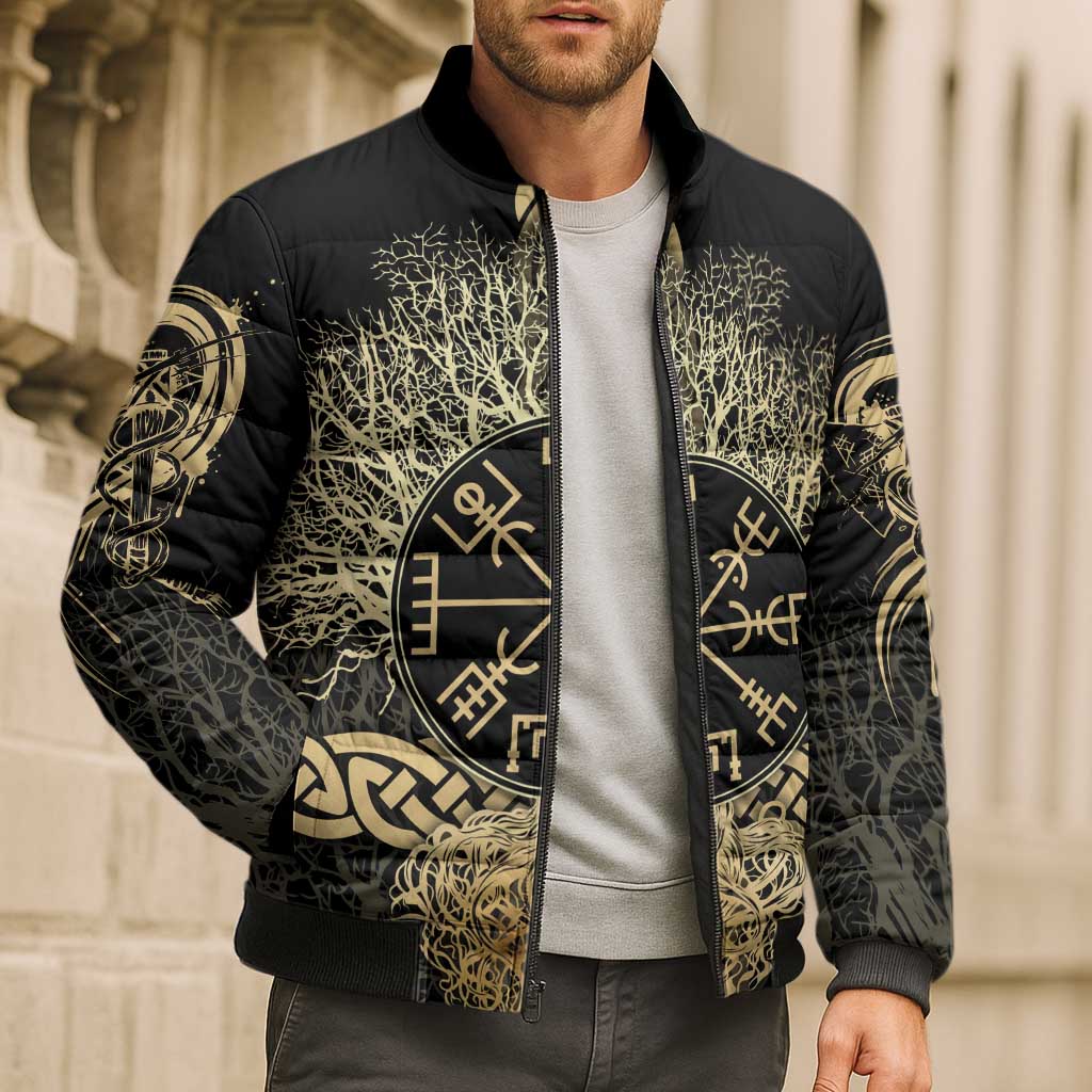Vegvisir Compass Viking Bomber Puffer Jacket with Yggdrasil Tree and Axe Symbols Norse Mythology Tribute - Wonder Print Shop