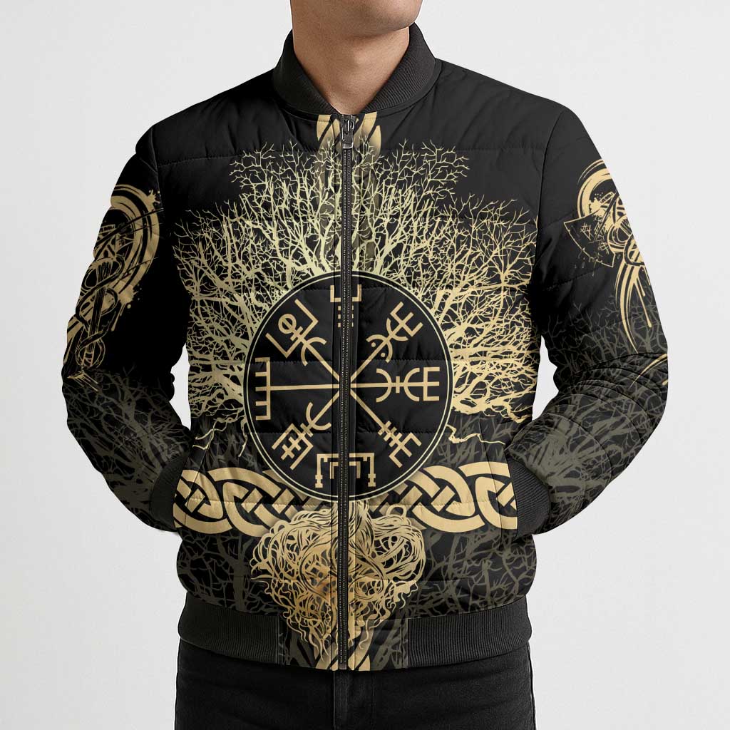 Vegvisir Compass Viking Bomber Puffer Jacket with Yggdrasil Tree and Axe Symbols Norse Mythology Tribute - Wonder Print Shop