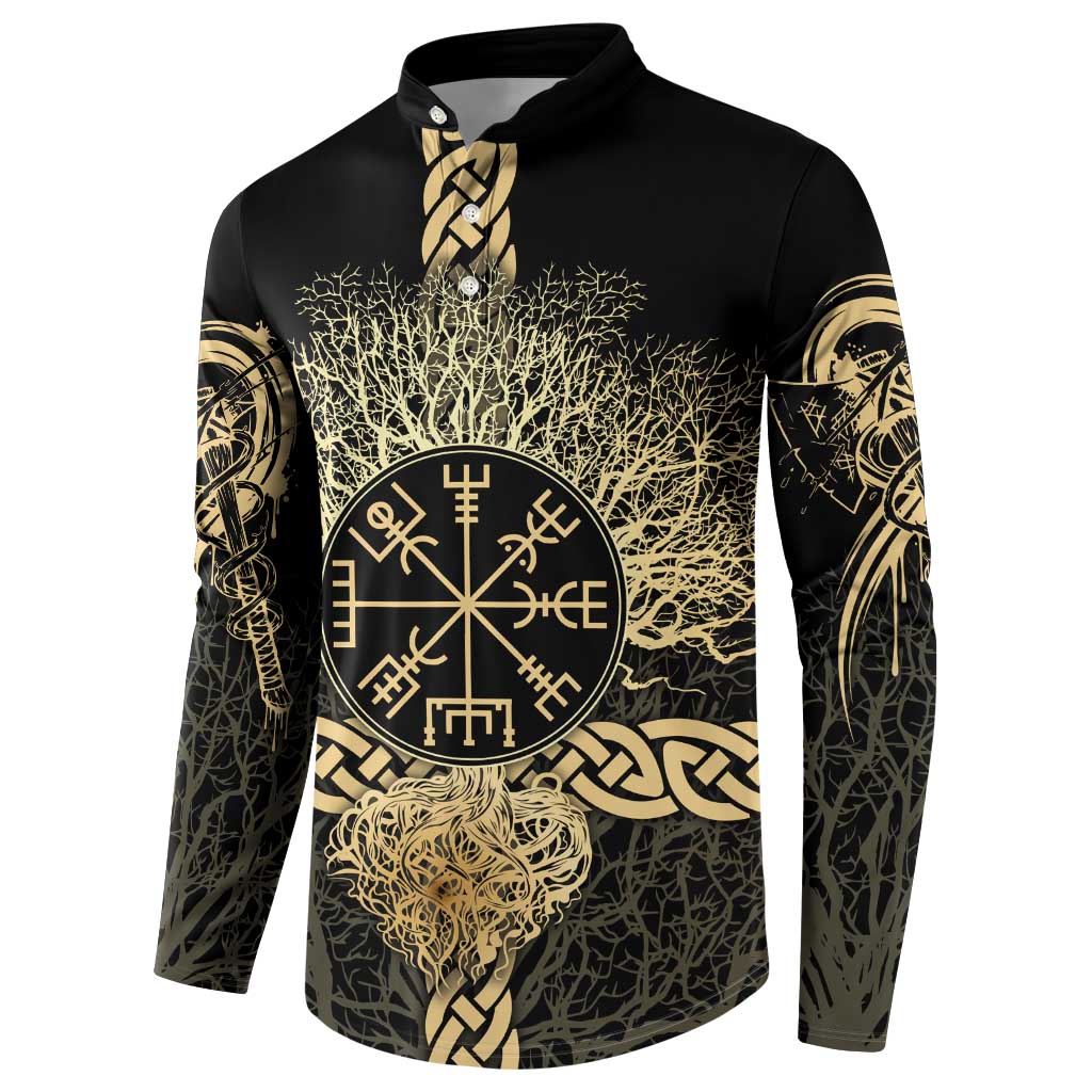 Vegvisir Compass Viking Button Sweatshirt with Yggdrasil Tree and Axe Symbols Norse Mythology Tribute - Wonder Print Shop