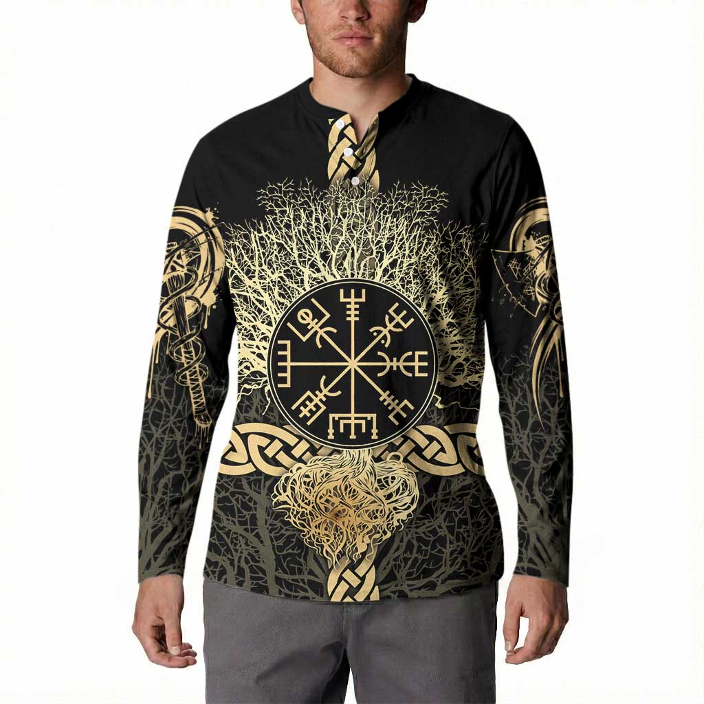 Vegvisir Compass Viking Button Sweatshirt with Yggdrasil Tree and Axe Symbols Norse Mythology Tribute - Wonder Print Shop