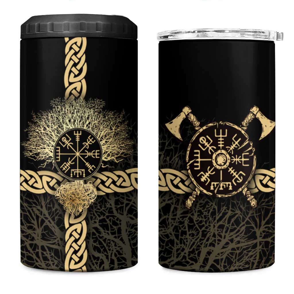 Vegvisir Compass Viking 4 in 1 Can Cooler Tumbler with Yggdrasil Tree and Axe Symbols Norse Mythology Tribute - Wonder Print Shop