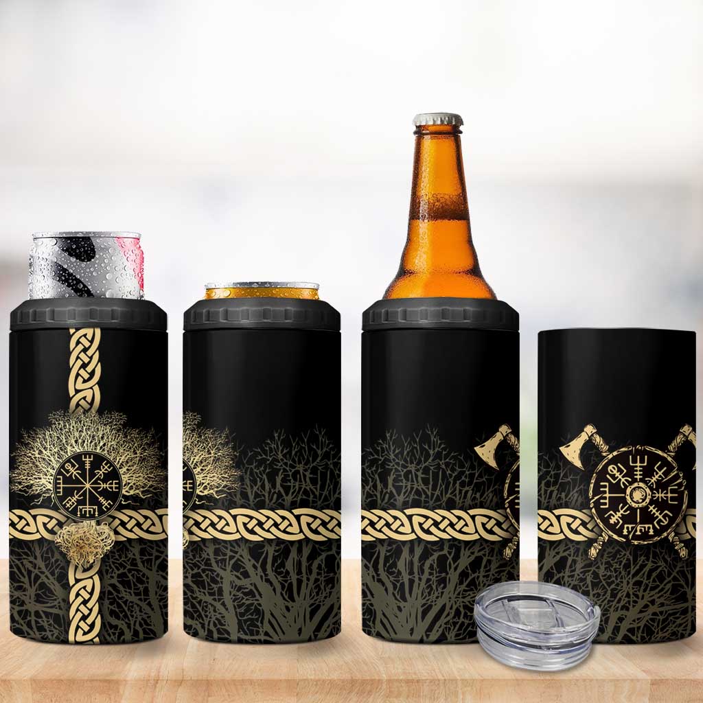Vegvisir Compass Viking 4 in 1 Can Cooler Tumbler with Yggdrasil Tree and Axe Symbols Norse Mythology Tribute - Wonder Print Shop