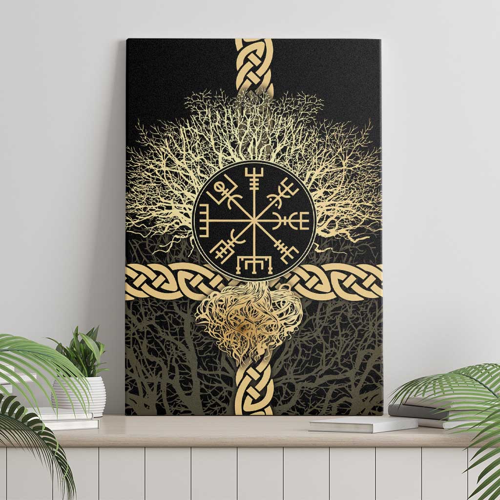 Vegvisir Compass Viking Canvas Wall Art with Yggdrasil Tree and Axe Symbols Norse Mythology Tribute - Wonder Print Shop