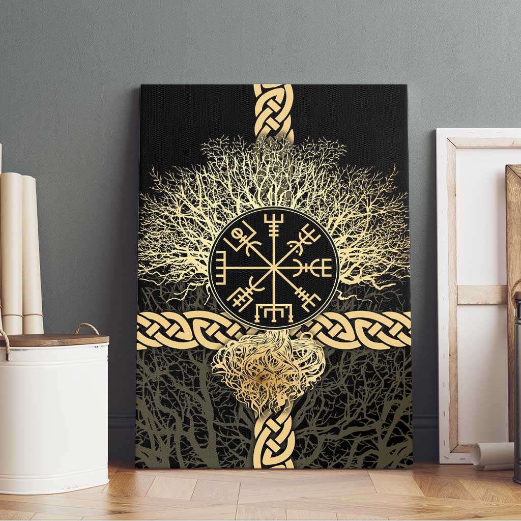 Vegvisir Compass Viking Canvas Wall Art with Yggdrasil Tree and Axe Symbols Norse Mythology Tribute - Wonder Print Shop