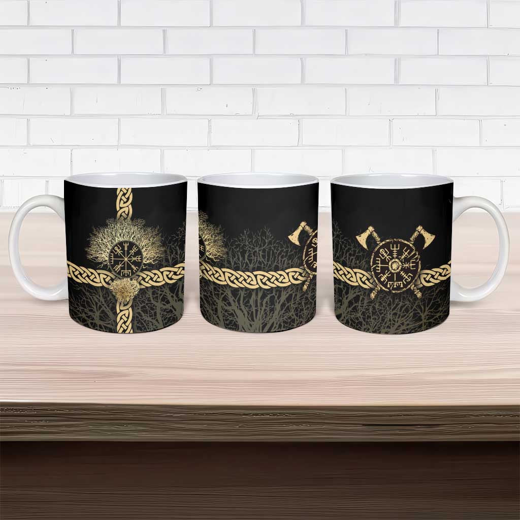 Vegvisir Compass Viking Ceramic Mug with Yggdrasil Tree and Axe Symbols Norse Mythology Tribute - Wonder Print Shop