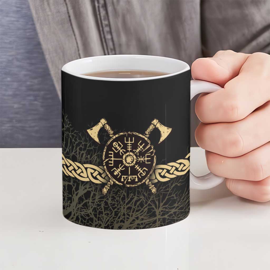 Vegvisir Compass Viking Ceramic Mug with Yggdrasil Tree and Axe Symbols Norse Mythology Tribute - Wonder Print Shop