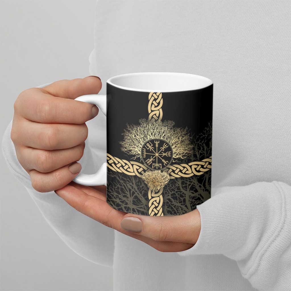 Vegvisir Compass Viking Ceramic Mug with Yggdrasil Tree and Axe Symbols Norse Mythology Tribute - Wonder Print Shop