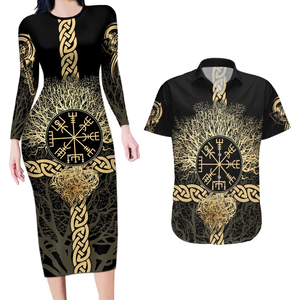 Vegvisir Compass Viking Couples Matching Long Sleeve Bodycon Dress and Hawaiian Shirt with Yggdrasil Tree and Axe Symbols Norse Mythology Tribute - Wonder Print Shop