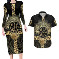 Vegvisir Compass Viking Couples Matching Long Sleeve Bodycon Dress and Hawaiian Shirt with Yggdrasil Tree and Axe Symbols Norse Mythology Tribute - Wonder Print Shop