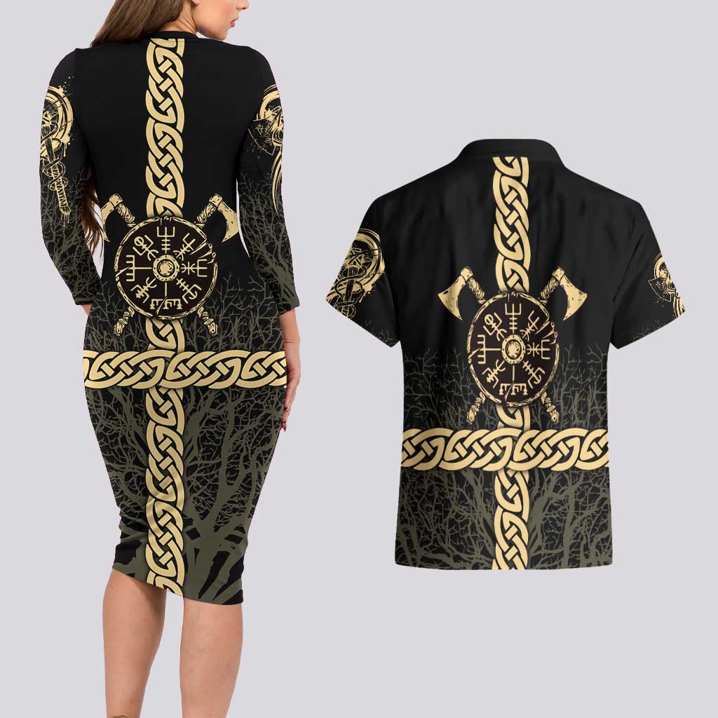 Vegvisir Compass Viking Couples Matching Long Sleeve Bodycon Dress and Hawaiian Shirt with Yggdrasil Tree and Axe Symbols Norse Mythology Tribute - Wonder Print Shop