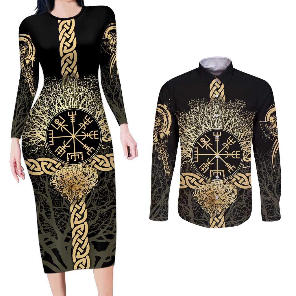 Vegvisir Compass Viking Couples Matching Long Sleeve Bodycon Dress and Long Sleeve Button Shirt with Yggdrasil Tree and Axe Symbols Norse Mythology Tribute - Wonder Print Shop
