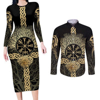 Vegvisir Compass Viking Couples Matching Long Sleeve Bodycon Dress and Long Sleeve Button Shirt with Yggdrasil Tree and Axe Symbols Norse Mythology Tribute - Wonder Print Shop