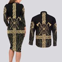 Vegvisir Compass Viking Couples Matching Long Sleeve Bodycon Dress and Long Sleeve Button Shirt with Yggdrasil Tree and Axe Symbols Norse Mythology Tribute - Wonder Print Shop