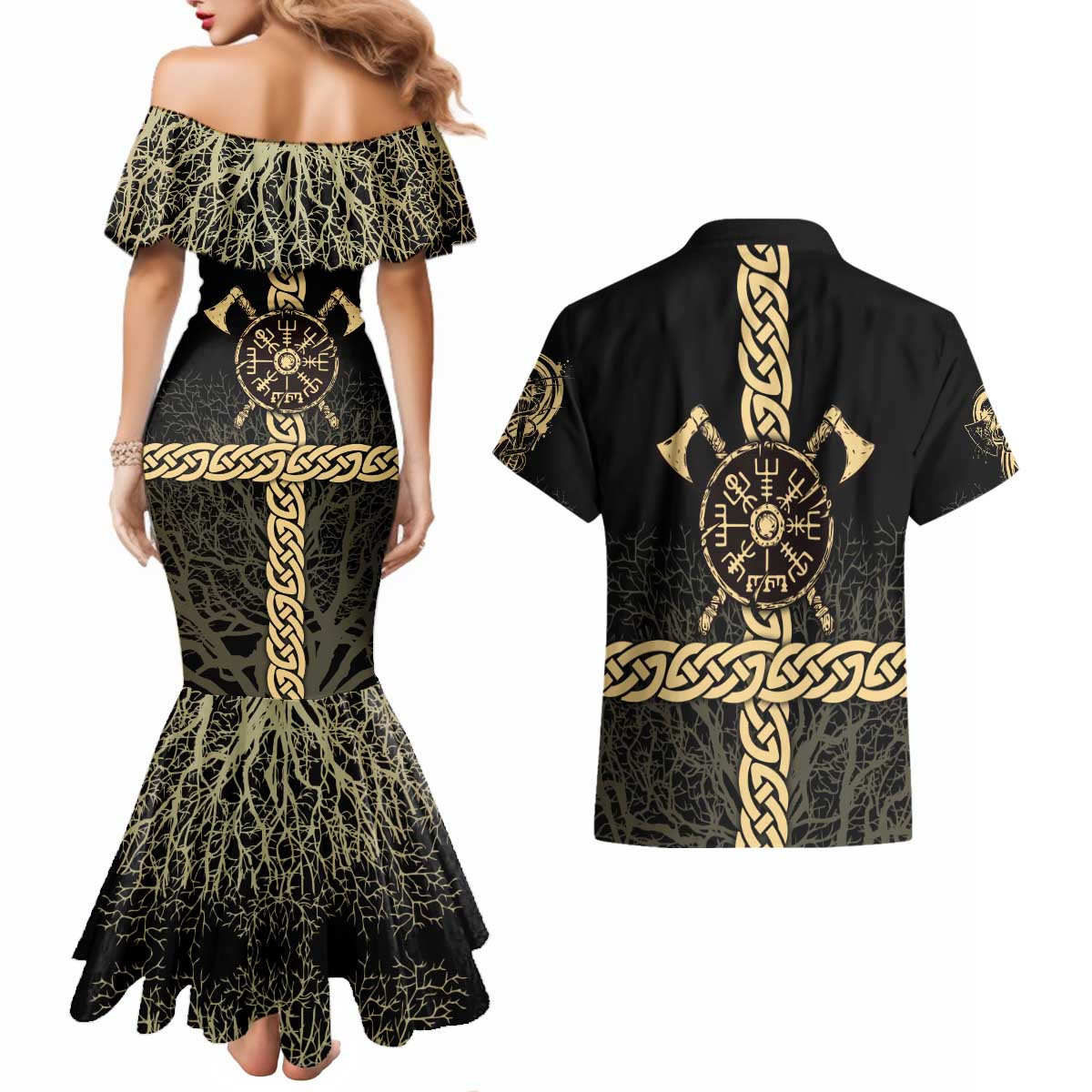 Vegvisir Compass Viking Couples Matching Mermaid Dress and Hawaiian Shirt with Yggdrasil Tree and Axe Symbols Norse Mythology Tribute - Wonder Print Shop