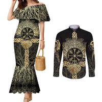 Vegvisir Compass Viking Couples Matching Mermaid Dress and Long Sleeve Button Shirt with Yggdrasil Tree and Axe Symbols Norse Mythology Tribute - Wonder Print Shop