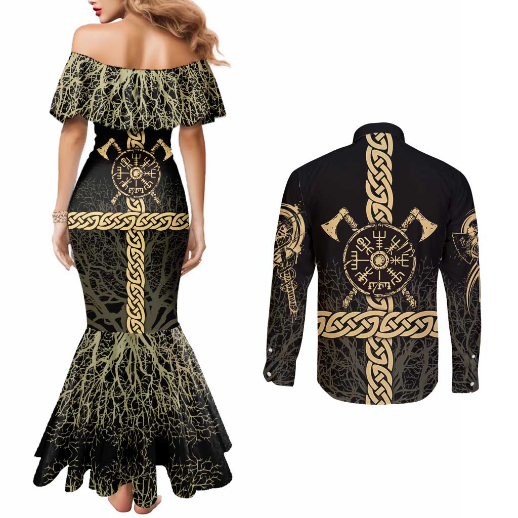 Vegvisir Compass Viking Couples Matching Mermaid Dress and Long Sleeve Button Shirt with Yggdrasil Tree and Axe Symbols Norse Mythology Tribute - Wonder Print Shop