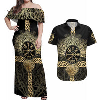 Vegvisir Compass Viking Couples Matching Off Shoulder Maxi Dress and Hawaiian Shirt with Yggdrasil Tree and Axe Symbols Norse Mythology Tribute - Wonder Print Shop