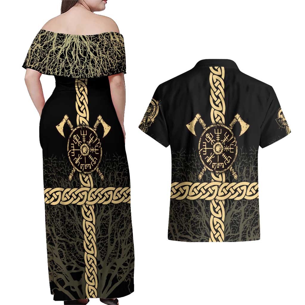 Vegvisir Compass Viking Couples Matching Off Shoulder Maxi Dress and Hawaiian Shirt with Yggdrasil Tree and Axe Symbols Norse Mythology Tribute - Wonder Print Shop