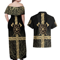 Vegvisir Compass Viking Couples Matching Off Shoulder Maxi Dress and Hawaiian Shirt with Yggdrasil Tree and Axe Symbols Norse Mythology Tribute - Wonder Print Shop