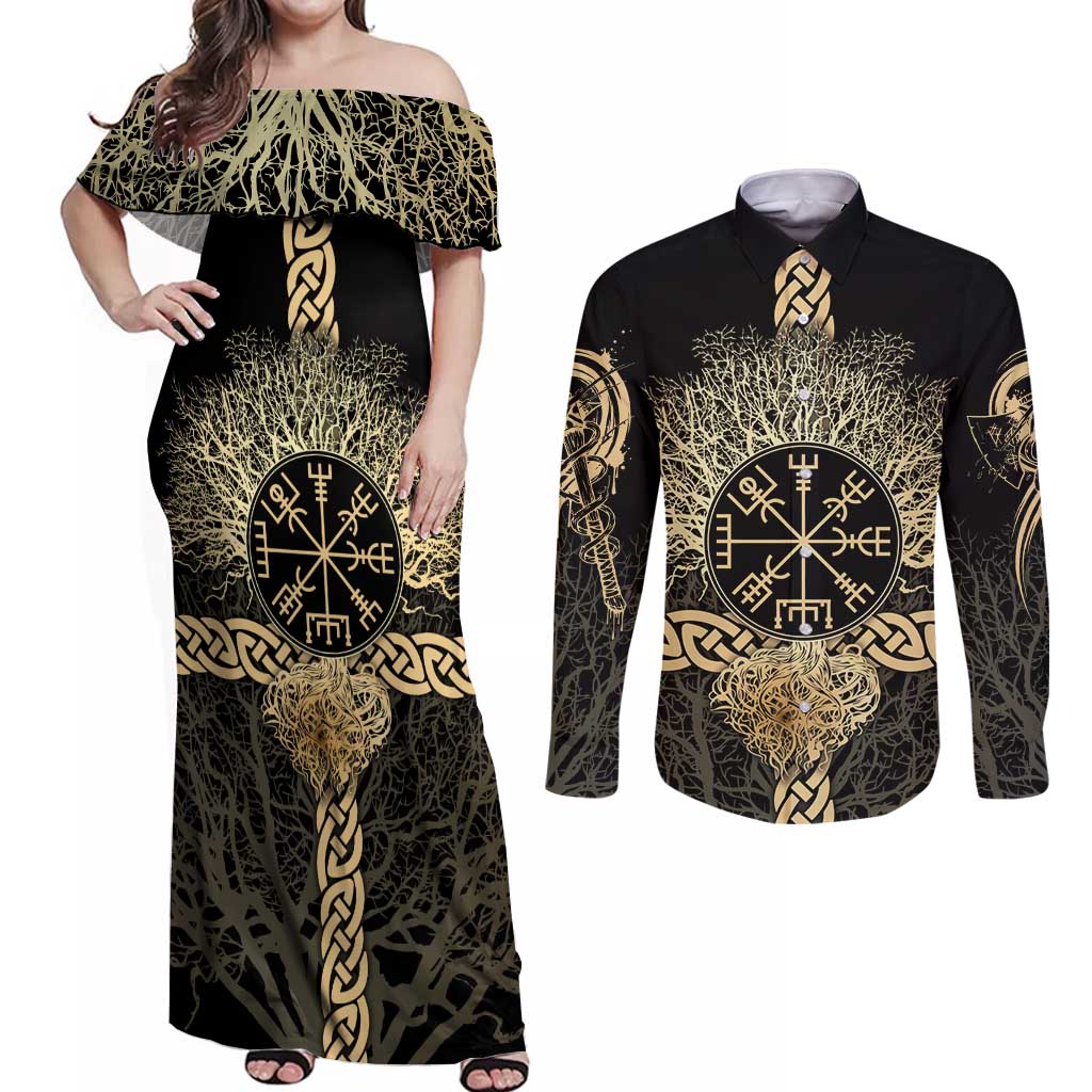 Vegvisir Compass Viking Couples Matching Off Shoulder Maxi Dress and Long Sleeve Button Shirt with Yggdrasil Tree and Axe Symbols Norse Mythology Tribute - Wonder Print Shop