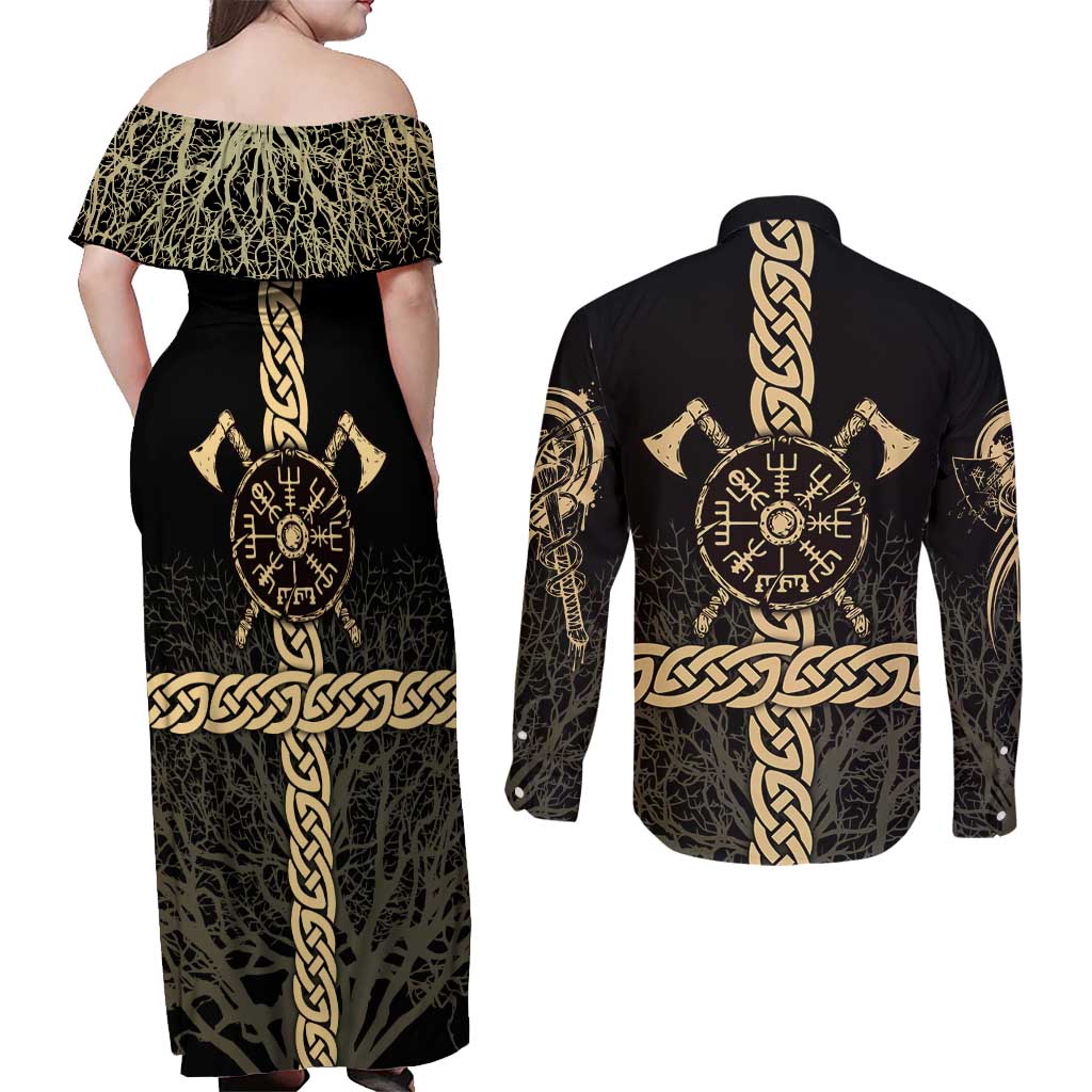 Vegvisir Compass Viking Couples Matching Off Shoulder Maxi Dress and Long Sleeve Button Shirt with Yggdrasil Tree and Axe Symbols Norse Mythology Tribute - Wonder Print Shop