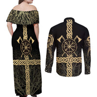 Vegvisir Compass Viking Couples Matching Off Shoulder Maxi Dress and Long Sleeve Button Shirt with Yggdrasil Tree and Axe Symbols Norse Mythology Tribute - Wonder Print Shop