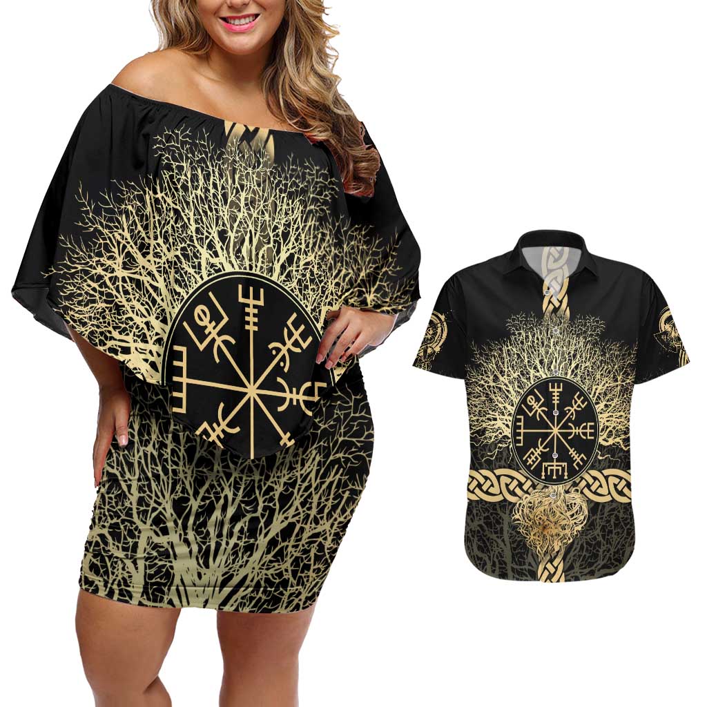 Vegvisir Compass Viking Couples Matching Off Shoulder Short Dress and Hawaiian Shirt with Yggdrasil Tree and Axe Symbols Norse Mythology Tribute - Wonder Print Shop