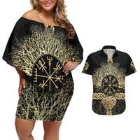 Vegvisir Compass Viking Couples Matching Off Shoulder Short Dress and Hawaiian Shirt with Yggdrasil Tree and Axe Symbols Norse Mythology Tribute - Wonder Print Shop