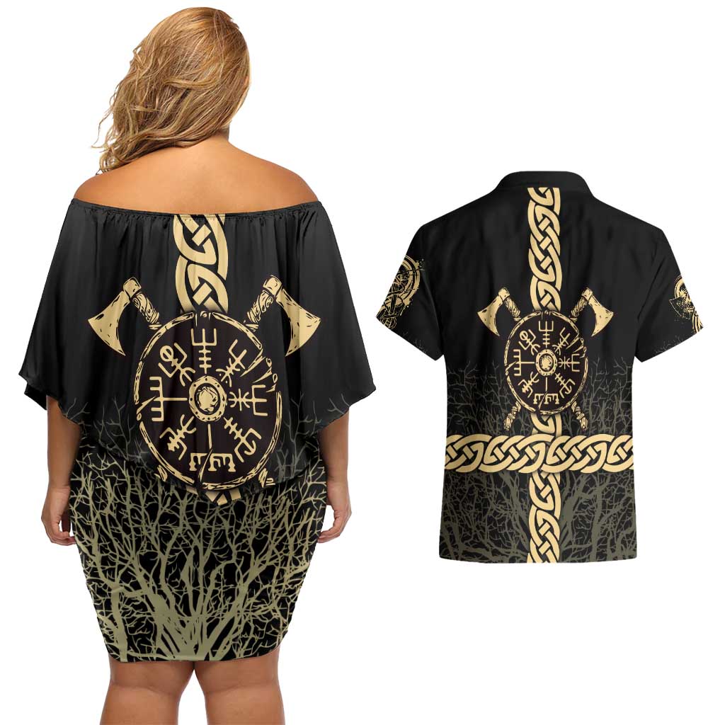 Vegvisir Compass Viking Couples Matching Off Shoulder Short Dress and Hawaiian Shirt with Yggdrasil Tree and Axe Symbols Norse Mythology Tribute - Wonder Print Shop