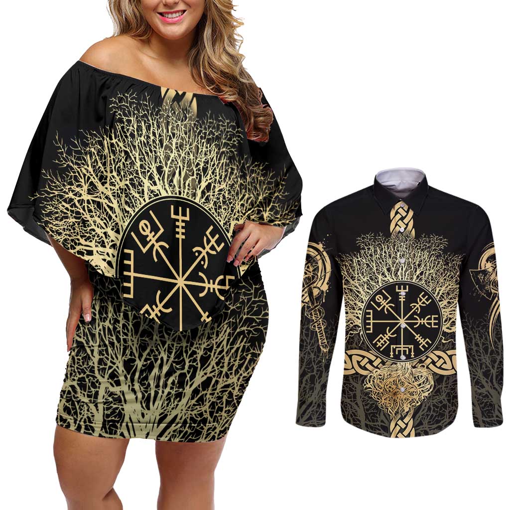 Vegvisir Compass Viking Couples Matching Off Shoulder Short Dress and Long Sleeve Button Shirt with Yggdrasil Tree and Axe Symbols Norse Mythology Tribute - Wonder Print Shop