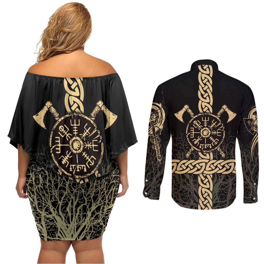 Vegvisir Compass Viking Couples Matching Off Shoulder Short Dress and Long Sleeve Button Shirt with Yggdrasil Tree and Axe Symbols Norse Mythology Tribute - Wonder Print Shop