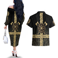 Vegvisir Compass Viking Couples Matching Off The Shoulder Long Sleeve Dress and Hawaiian Shirt with Yggdrasil Tree and Axe Symbols Norse Mythology Tribute - Wonder Print Shop